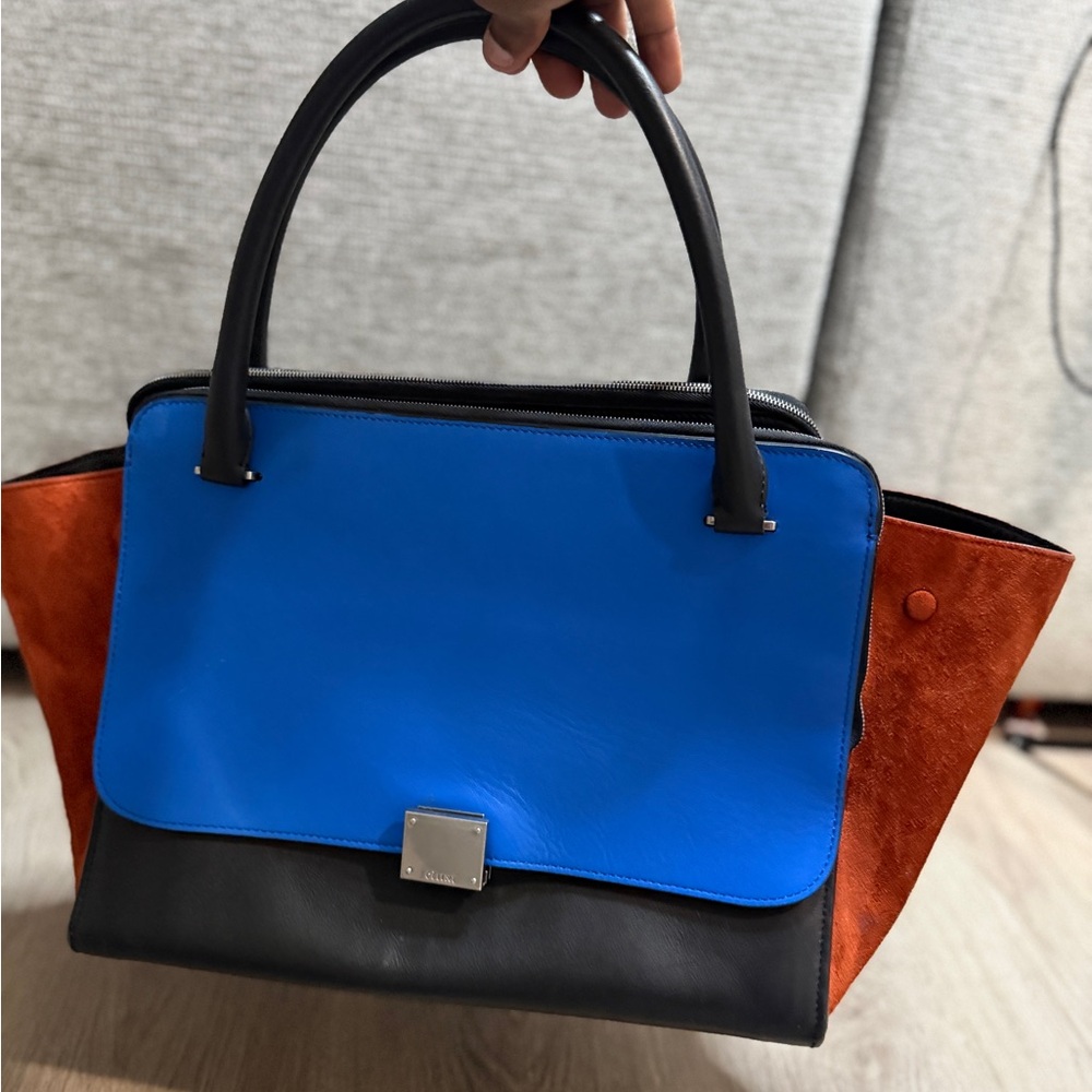 Celine Blue Black and Orange Suede Trapeze Tote